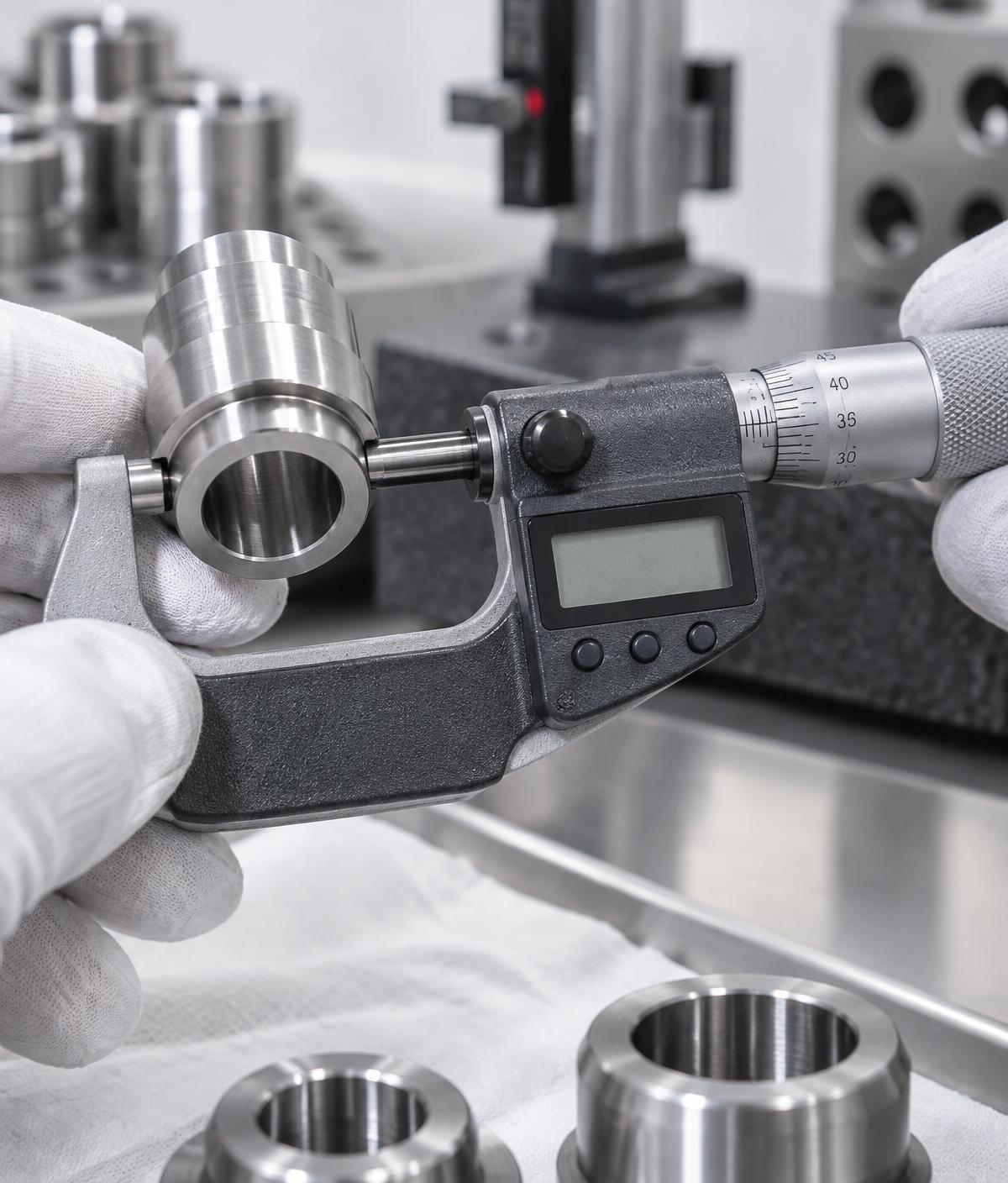 Micrômetro digital medindo uma peça metálica em laboratório